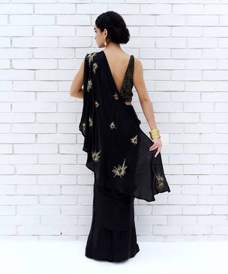 Black starburst beads & sequin hand embroidered saree with blouse 4