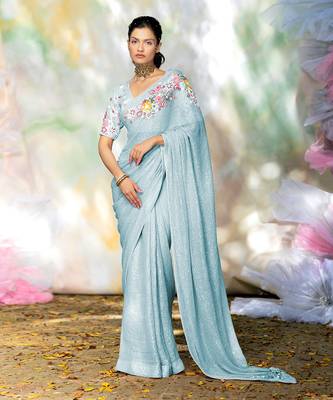 Aqua blue floral sequin hand embroidered saree set 1
