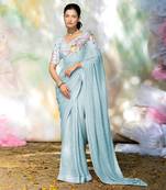 Aqua blue floral sequin hand embroidered saree set