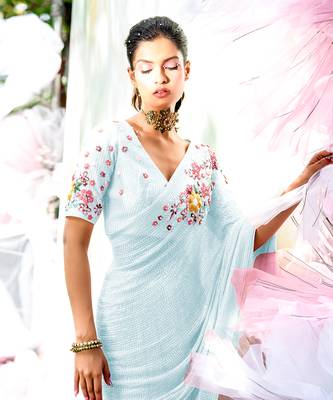 Aqua blue floral sequin hand embroidered saree set 2