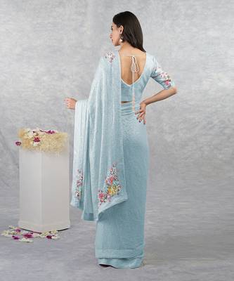 Aqua blue floral sequin hand embroidered saree set 3