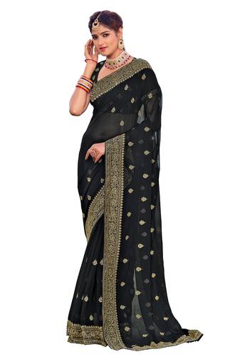 Black Georgette Resham Stone Embroidery Saree