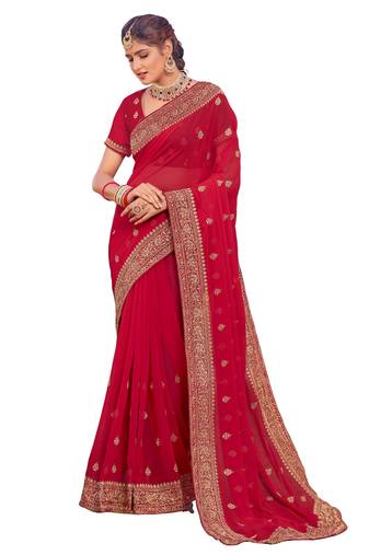 Red Stone Resham Embroidery Georgette Party Wear Saree