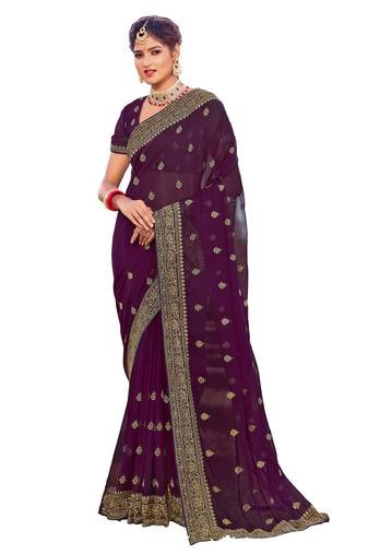 Purple Stone Resham Embroidery Georgette Party Wear Saree