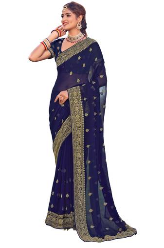 Navy Blue Stone Resham Embroidery Georgette Party Wear Saree