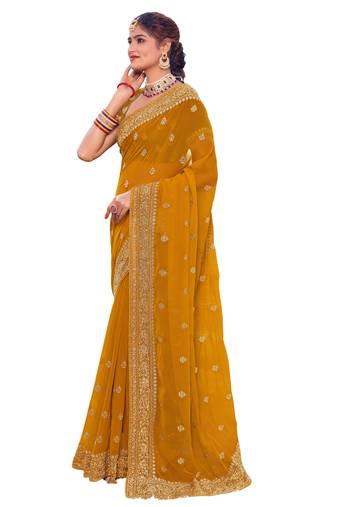 Mustard Stone Resham Embroidery Georgette Saree