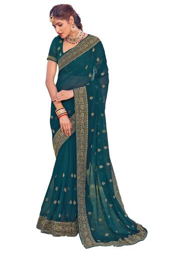 Teal Blue Indian Resham Stone Embroidery Georgette Saree