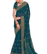 Teal Blue Indian Resham Stone Embroidery Georgette Saree