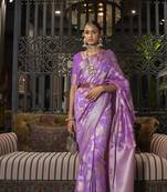 Purple Ethnic Motif Design Banarasi Style Silk Blend Saree With Blouse For Women