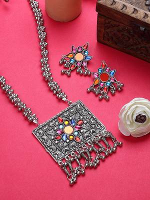 Oxidizied silver color long chain multicolor stone necklace set 1