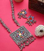 Oxidizied silver color long chain multicolor stone necklace set