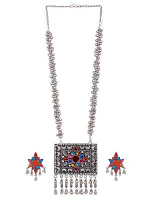 Oxidizied silver color long chain multicolor stone necklace set 2