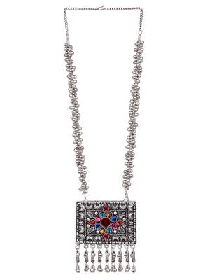 Oxidizied silver color long chain multicolor stone necklace set 3