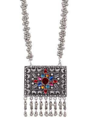 Oxidizied silver color long chain multicolor stone necklace set 4