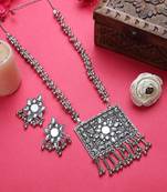 Oxidiized silver color long chain white stone necklace set