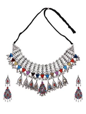 Oxidized silver color multicolor stone necklace set 1