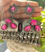 Oxidized silver color black polish light weight pink stone jhumka earrings