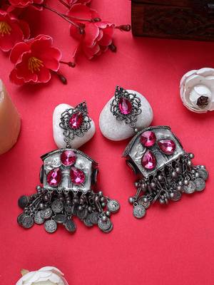 Oxidized silver color black polish light weight pink stone jhumka earrings 2
