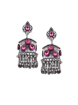 Oxidized silver color black polish light weight pink stone jhumka earrings 3