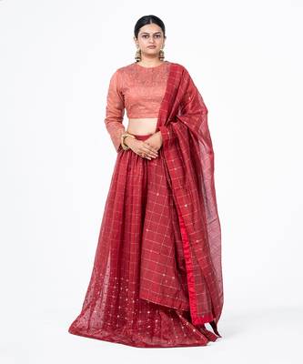 Mahogani Red Chanderi Silk Lehenga Set 1