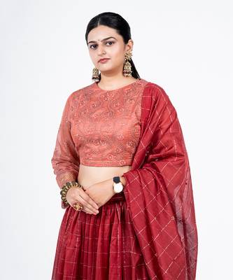 Mahogani Red Chanderi Silk Lehenga Set 3