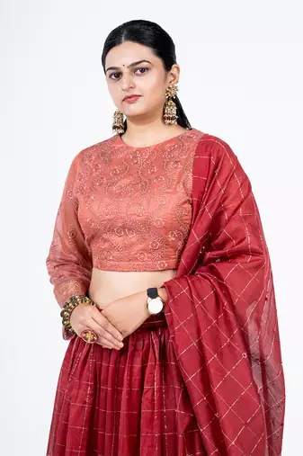 Mahogani Red Chanderi Silk Lehenga Set
