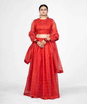 Red Gathered Lehenga Set 1