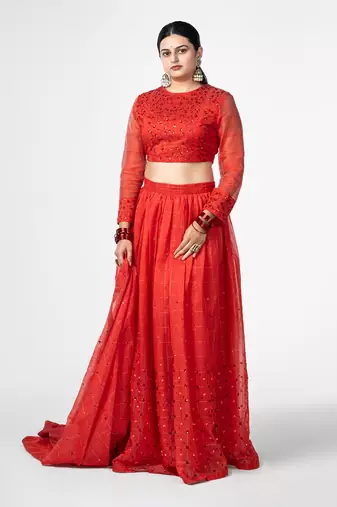 Red Gathered Lehenga Set
