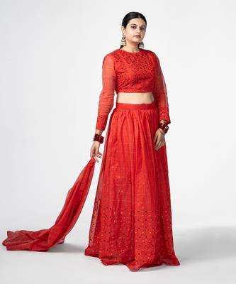 Red Gathered Lehenga Set 3