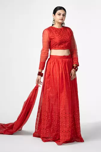Red Gathered Lehenga Set