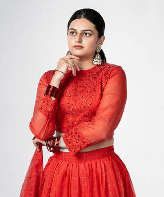 Red Gathered Lehenga Set 4