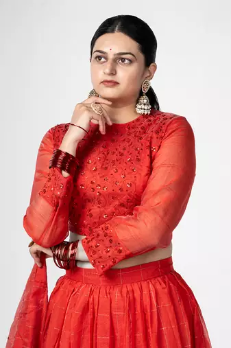 Red Gathered Lehenga Set