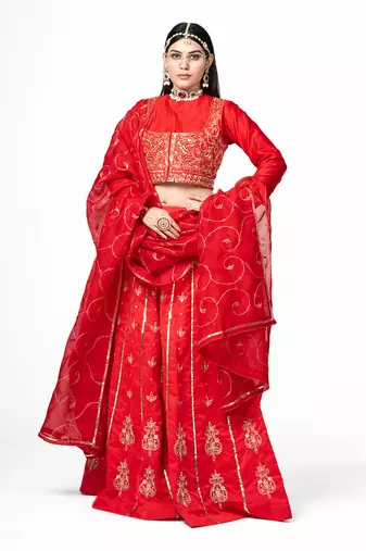 Red Chanderi Silk Lehenga Set