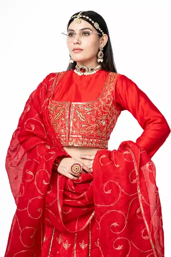Red Chanderi Silk Lehenga Set