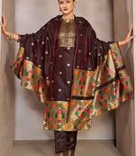 Brown zari woven taffeta silk paithani style dress material with dupatta