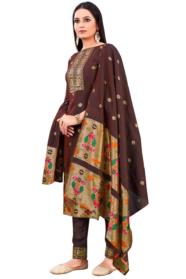 Brown zari woven taffeta silk paithani style dress material with dupatta