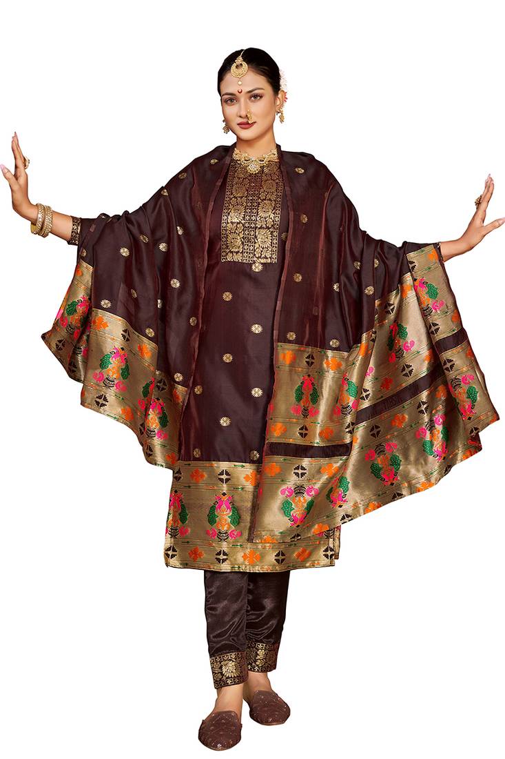 Brown zari woven taffeta silk paithani style dress material with dupatta