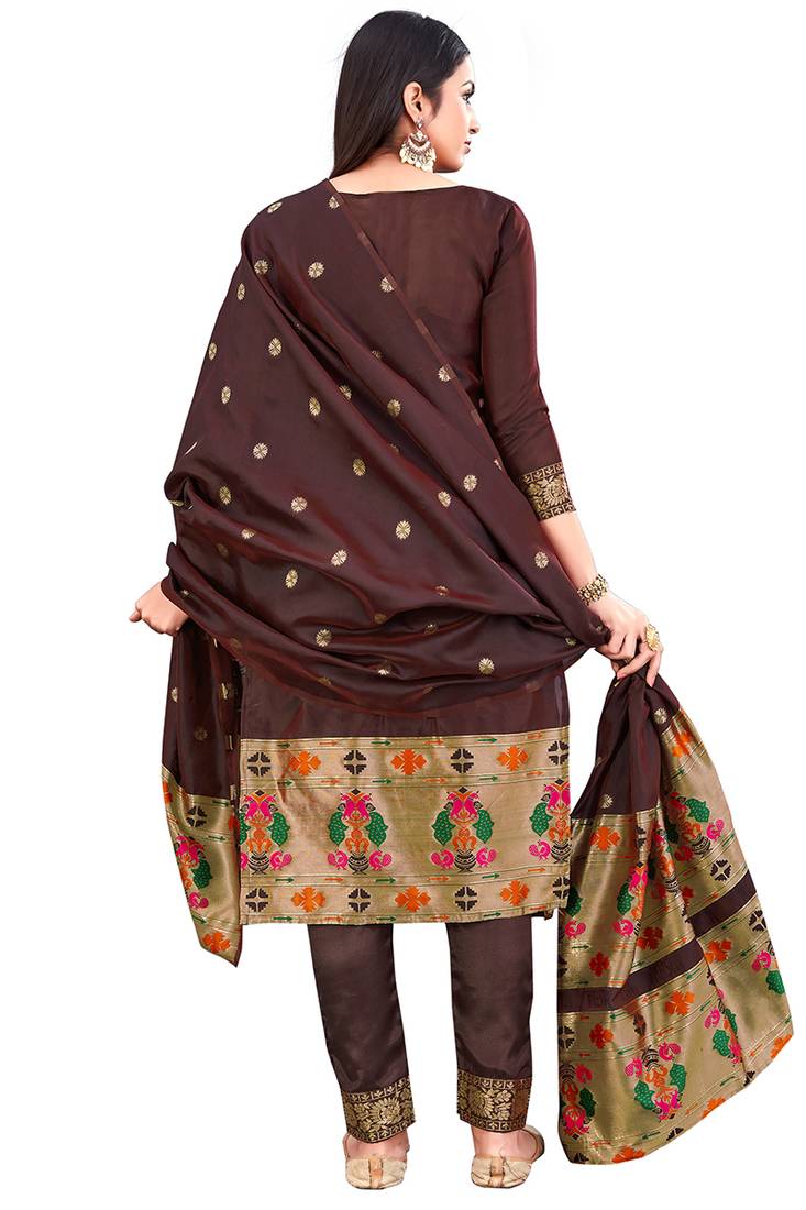 Brown zari woven taffeta silk paithani style dress material with dupatta