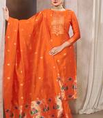 Orange zari woven taffeta silk paithani style dress material with dupatta