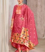 Pink zari woven taffeta silk paithani style dress material with dupatta