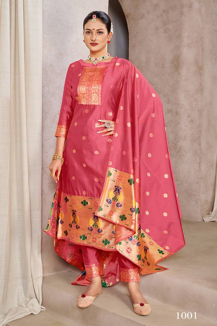 Pink zari woven taffeta silk paithani style dress material with dupatta