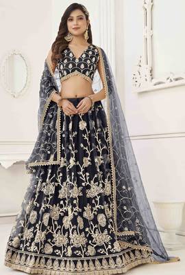 BLACK NET WITH SEQUINS AND THREAD EMBROIDERY WORK SEMI-STITCHED LEHENGA & UNSTITCHED BLOUSE WITH DUPATTA 1