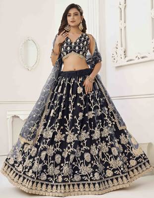 BLACK NET WITH SEQUINS AND THREAD EMBROIDERY WORK SEMI-STITCHED LEHENGA & UNSTITCHED BLOUSE WITH DUPATTA 2