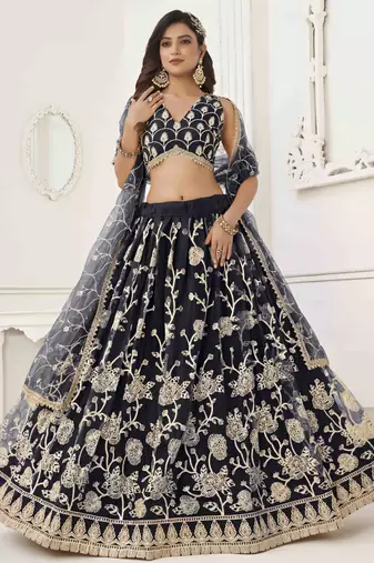 BLACK NET WITH SEQUINS AND THREAD EMBROIDERY WORK SEMI-STITCHED LEHENGA & UNSTITCHED BLOUSE WITH DUPATTA