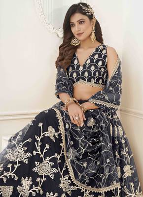 BLACK NET WITH SEQUINS AND THREAD EMBROIDERY WORK SEMI-STITCHED LEHENGA & UNSTITCHED BLOUSE WITH DUPATTA 3