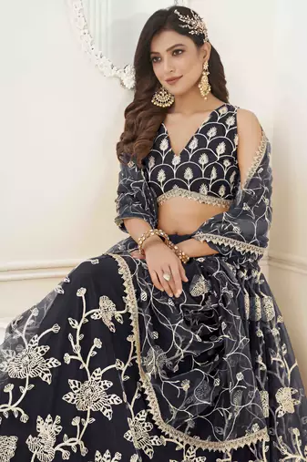 BLACK NET WITH SEQUINS AND THREAD EMBROIDERY WORK SEMI-STITCHED LEHENGA & UNSTITCHED BLOUSE WITH DUPATTA