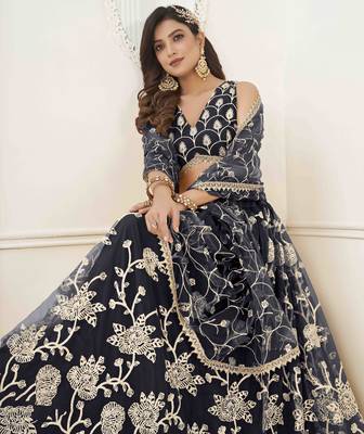 BLACK NET WITH SEQUINS AND THREAD EMBROIDERY WORK SEMI-STITCHED LEHENGA & UNSTITCHED BLOUSE WITH DUPATTA 4