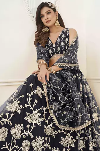 BLACK NET WITH SEQUINS AND THREAD EMBROIDERY WORK SEMI-STITCHED LEHENGA & UNSTITCHED BLOUSE WITH DUPATTA