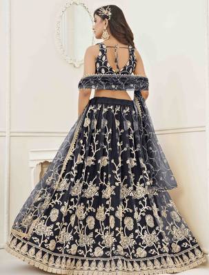 BLACK NET WITH SEQUINS AND THREAD EMBROIDERY WORK SEMI-STITCHED LEHENGA & UNSTITCHED BLOUSE WITH DUPATTA 5