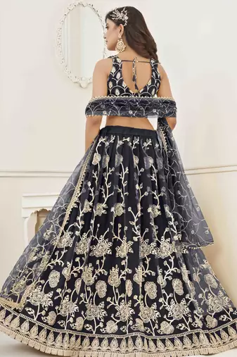 BLACK NET WITH SEQUINS AND THREAD EMBROIDERY WORK SEMI-STITCHED LEHENGA & UNSTITCHED BLOUSE WITH DUPATTA